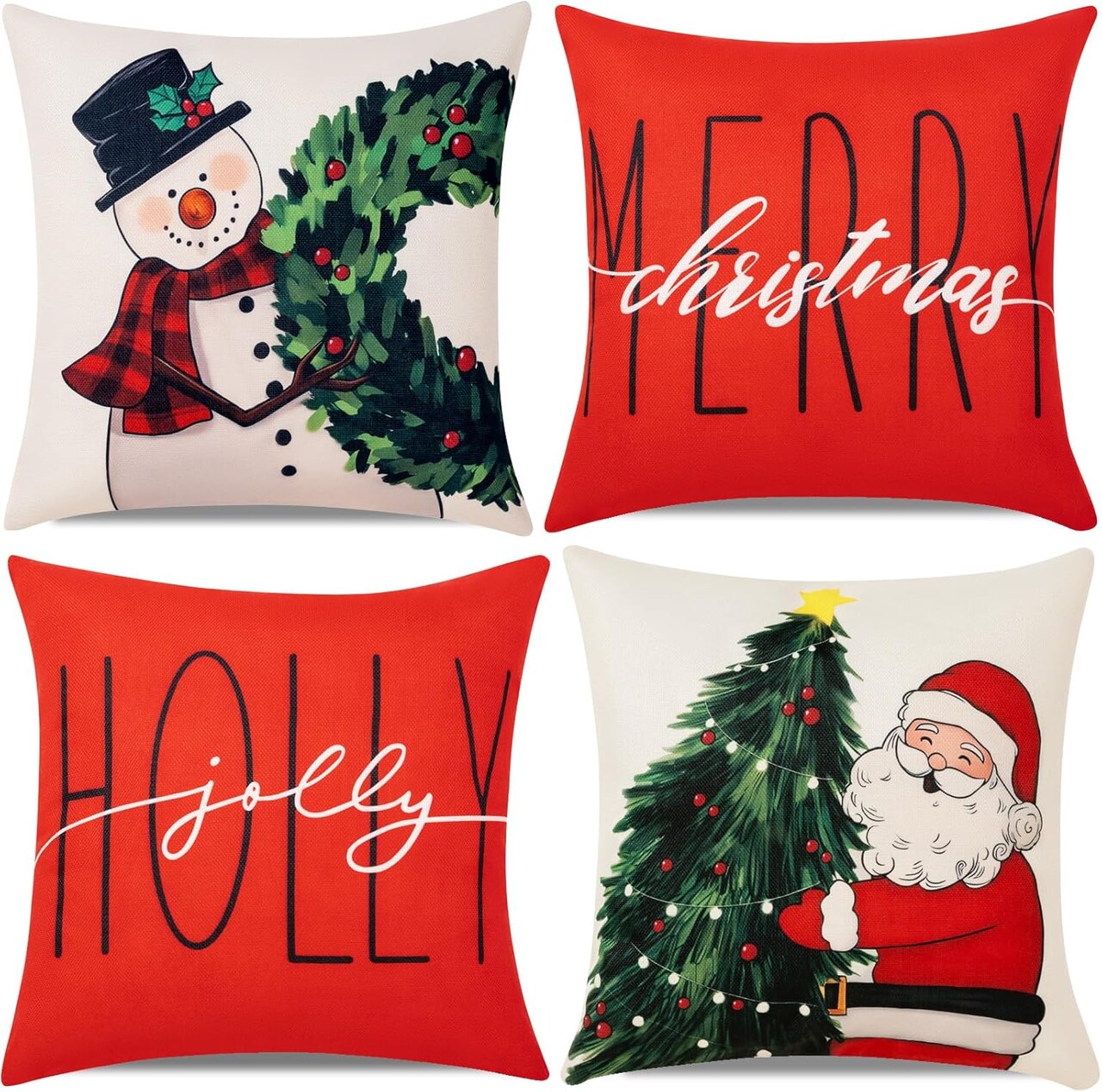 Christmas Throw Pillow Covers 18x18 in Set of 4 Decorations,Decorative Snowman Santa Pillow Case for Couch Sofa Winter Holiday Indoor Outdoor Home Red White Xams Decor